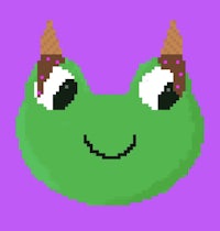 a green pixelated monster with horns and ice cream